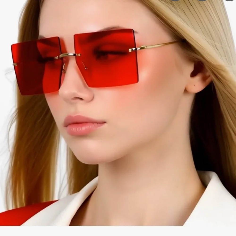 Square Sunglasses Luxe Rimless Red lens Gold Frame Fashion eyewear